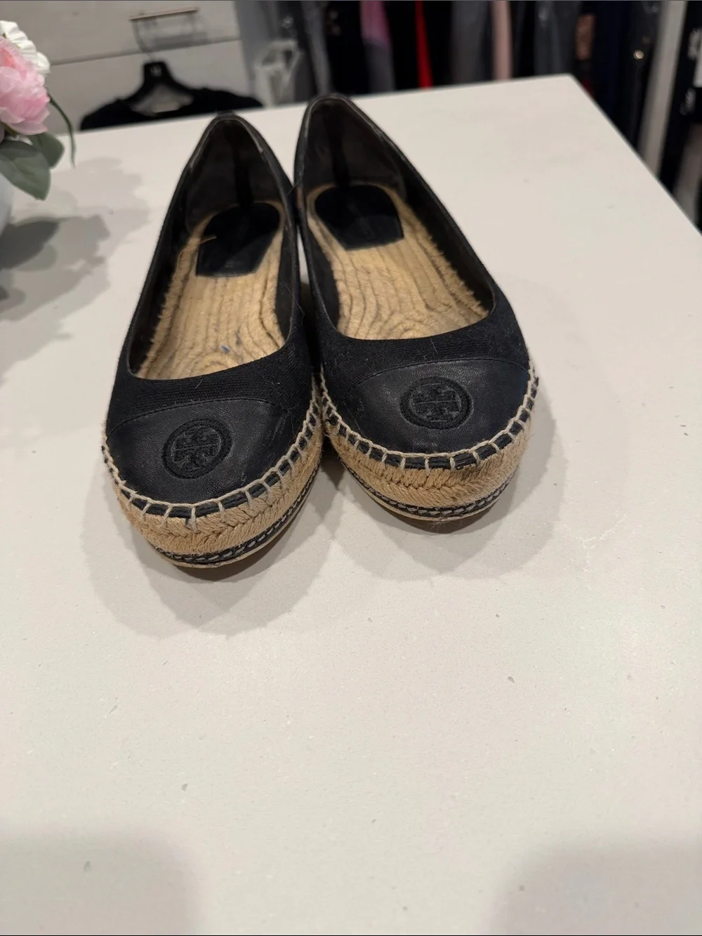 Tory Burch Black Canvas Espadrille Wedge Flats